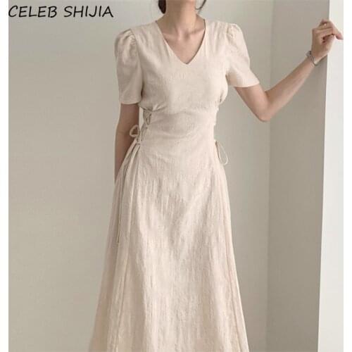 Summer Dress Woman Spaghetti V-neck Elegant Bodycon Dress Female Short Sleeve Apricot High Waist Chic Maxi Dresses Woman Korean