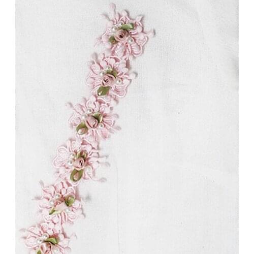 1Y Hairband Clothes Bead Pink Floral Lace Embroidery Trim Ribbon Applique Motif Venise Trimming