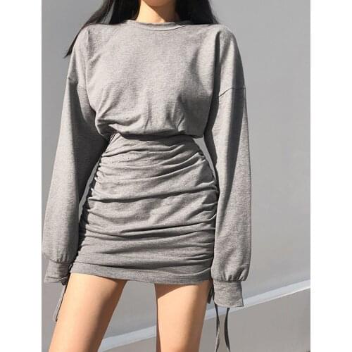 Missnight Chic Dress Harajuku Drawstring Ruched Solid Hood Bodycon Mini Dress Long Sleeve Casual Women Dresses Streetwear