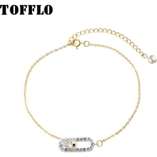 TOFFLO Stainless Steel Jewelry Zircon Inlaid Pearl Pendant Chain Hollow Geometry Chain Fashion Women BSS101