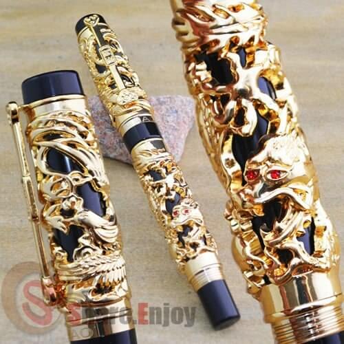 18KGP FINE NIB FOUNTAIN PEN JINHAO BLACK AND GOLDEN DRAGON AND PHOENIX