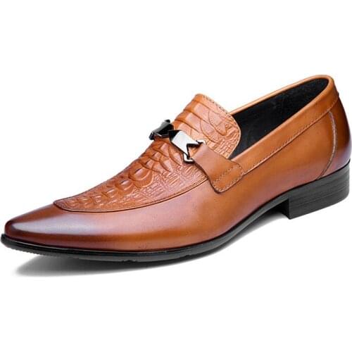 ZGZJYWM New Fashion Crocodile Design Handmade Genuine Leather Slip-On Pointed Toe Black/Brown Business Dress Men Oxford Shoes