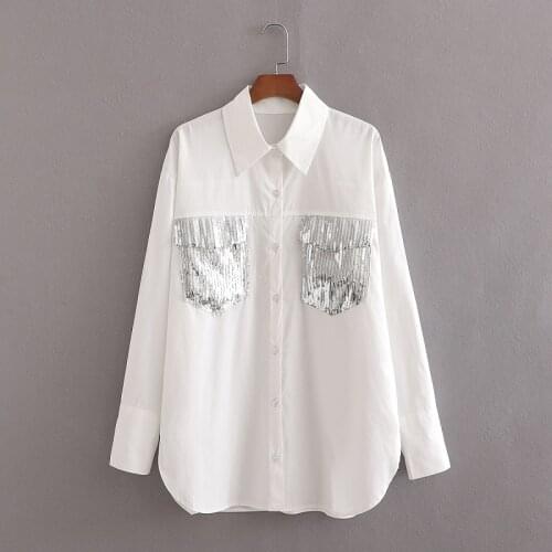 2021 New Fashion Sequined Tassel White Shirt Spring Summer Casual Long Sleeve Ladies Elegant Blouse With buttons