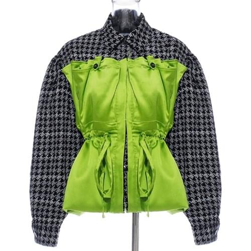 Women Contrast Color Jacket Fluorescence Drawstring Lantern Sleeve High Waist Tunic Jacket Coat