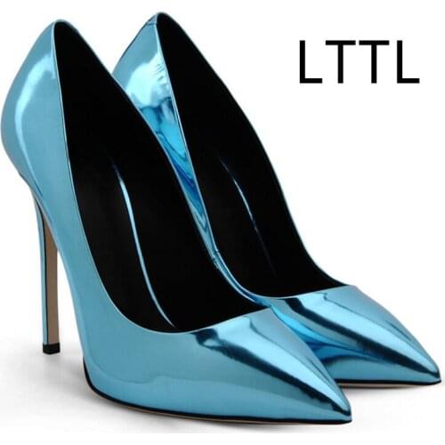 New LTTL beautiful Shining Shoes Woman High Heels Women Pumps Stiletto Thin Heel Sapato Feminino Pointed Toe Blue Party Shoes