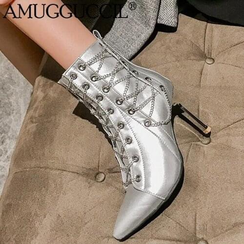 2020 New Arrival Plus Big Size 32-48 Black Silver Zip Chain Fashion Sexy Spring Autumn High Heel Female Lady Women Boots X1883