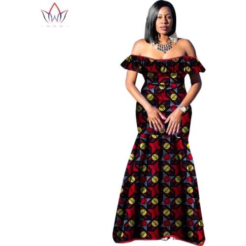 Summer African Dresses for Women Bazin Wax Print Plus Size African Clothing Dashiki off Shoulder Party Dress BRW WY2527
