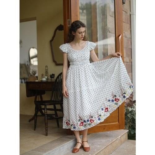 Dresses Women Summer Vintage Elegant Slim Mori Girls White Dress Romantic French Flower Embroidery Black Polka Dots Dresses