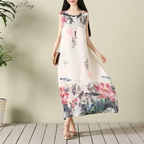 2018 New summer cotton maxi dress sleeveless Chinese oriental dresse long summer sundresses Q400