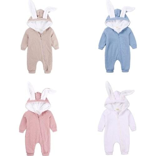 Babys Winter Plush Romper Rabbit Hooded Zipper Bodysuit Toddler Boys Girls One Piece Jumpsuits Coral Fleece Pajamas Outerwear