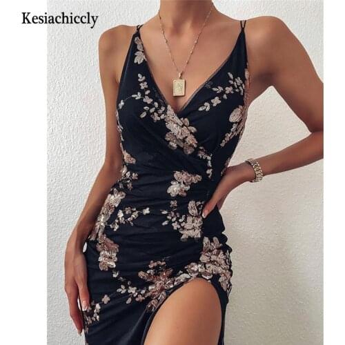 Kesiachiccly Sexy Black Sequin Maxi Dress Long Deep V Neck Backless Party Dress Sleeveless Side Split Bodycon Long Summer Dress
