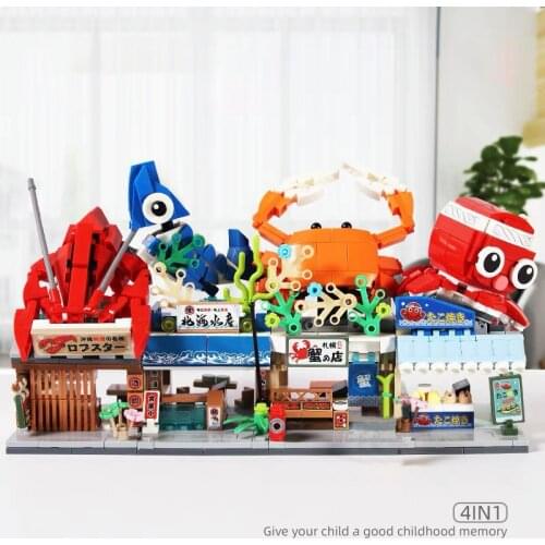 City Creative Street View Japanese Food Takoyaki Shrimp Shop Crab Shop Building Blocks Figures Bricks Toys For Children Gift