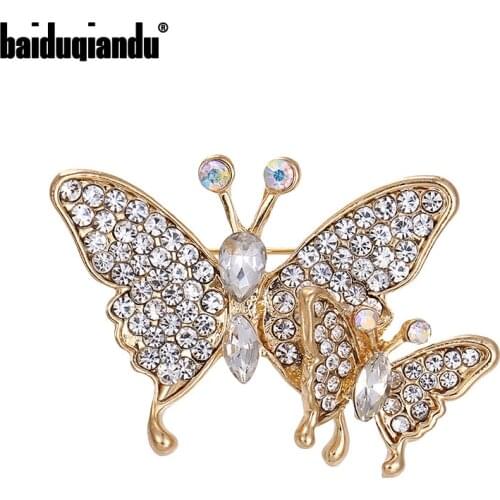 Baiduqiandu Brand New Arrival Rhinestones Pave Double Butterfly Brooch Pins Fashion Dress Clothes Accessories Jewelry