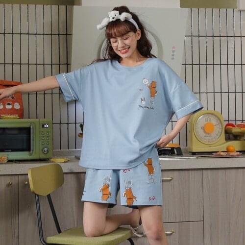 Sleepwear Fresh Blue Summer Pajamas Set Cotton Outdoor Short Sleeves Womens T-shirts For Women Cartoon Printing Cute Home Wear