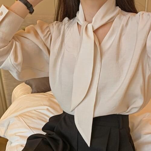 Solid Color Chic French Style Tie Collar Design Shirts Loose All-match Lantern Sleeve Women Blouse Elegant Simple Blusas
