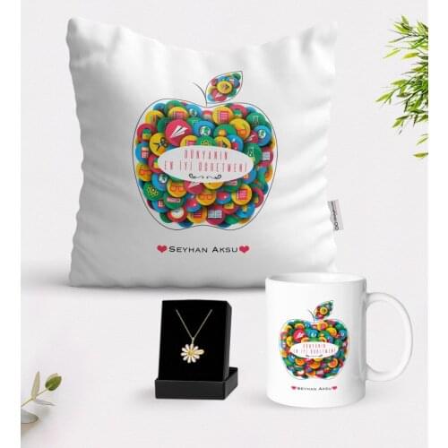 Personalized World Best Teacher White Mug Cushion and Is Daisy Necklace Gift Seti-12