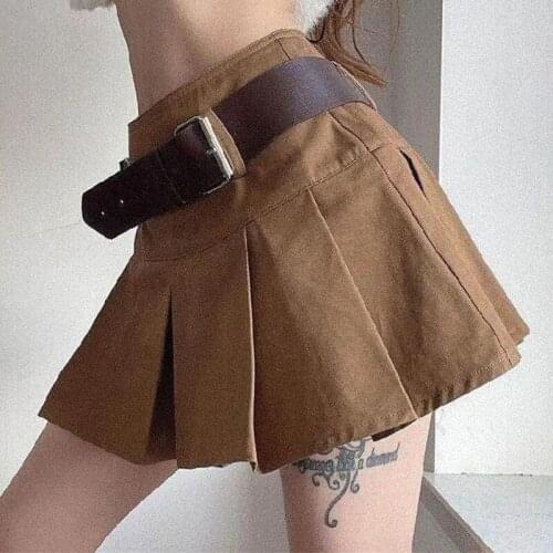 Casual Summer Street Brown Pleated Sexy Mini Skirt Ladies High Waisted Short Womens With Belt Korean Fashion Skirts Female