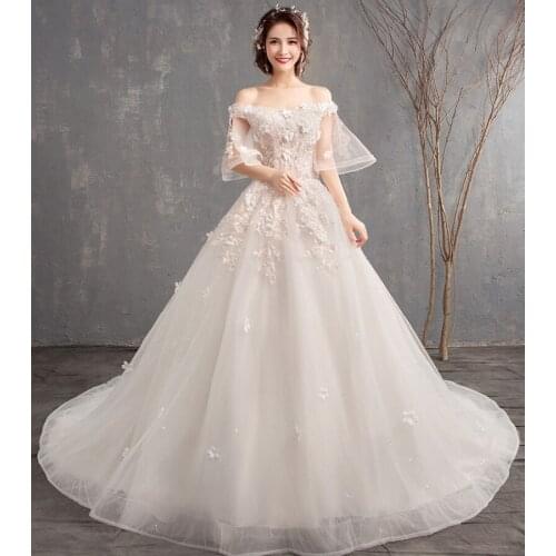 Luxury Short Flare Sleeves Appliques Lace Long Train Wedding Dress 2021 Ball Gown Princess Bridal Wedding Gowns Vestido De Noiva