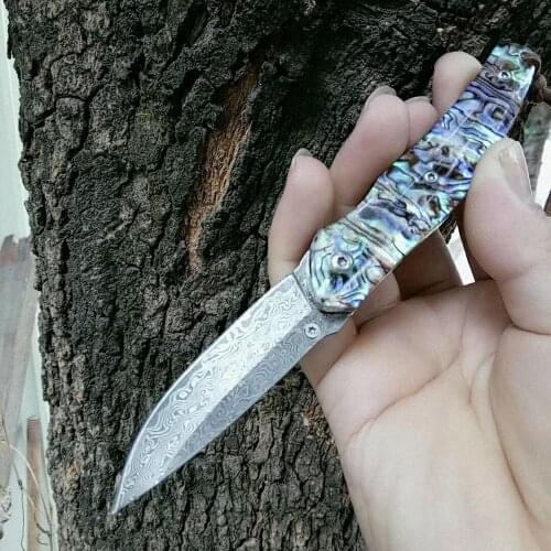 Big Size Handmade Damascus Steel Blade Pocket Folding Knife Abalone Shell Handle Utility Knife EDC tool
