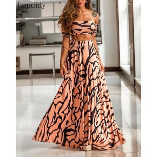 Sexy 2pcs Suits Off Shoulder Short Sleeve Crop Top and High Waist Leopard Print Long Skirts Sets