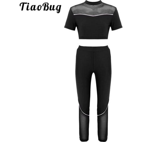 Kids Girls Dance Set Stage Dancewear Outfits Stretchy Sleeveless Patchwork Ballet Sport Workout Tank Tops with Leggings Pants