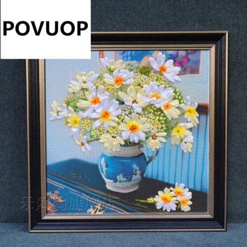 POVUOP 5d print ribbon embroidery 50X50cm painting new cross stitch gerberas