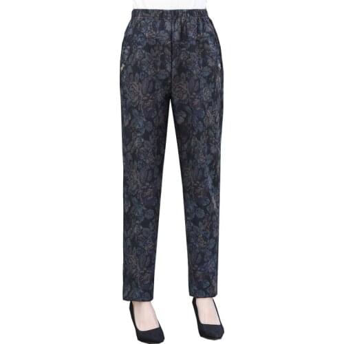 XL-4XL Plus Size Casual Middle-aged Women Trousers 2021 Spring Autumn Long Pants Fashion Floral Print Elastic High Waist Pants