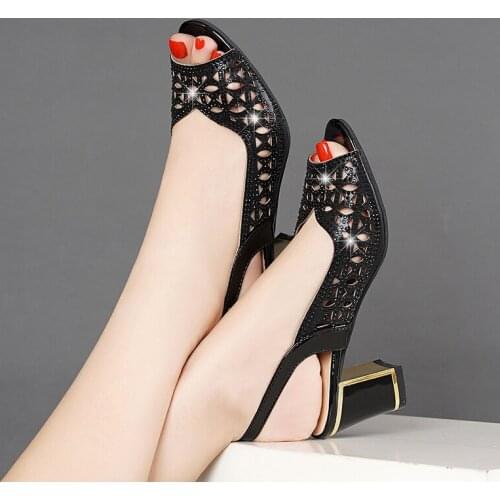 Summer Peep Toe High Heels Women Sandals Gold Heels Hollow outs Pumps Crystal Ladies Shoe Cut-outs sandalias zapatos mujer 7667L
