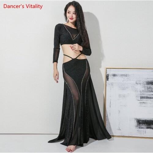 Belly Dance Set Mesh Stitching Top Long Sleeve Split Skirt Practice Clothes Female Adult High-End Suit Performance Clothing