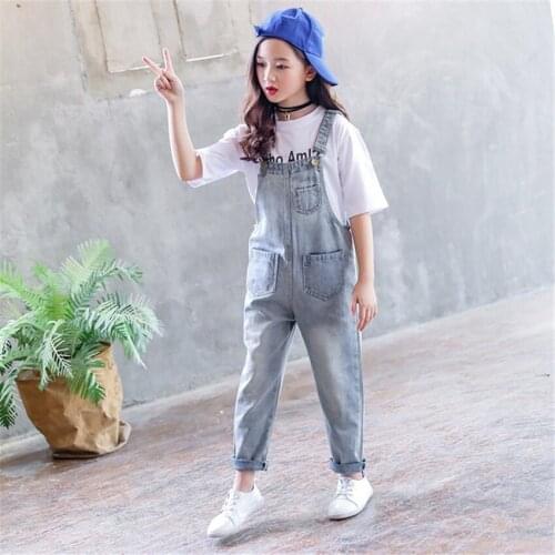 4 5 6 7 8 9 Year Big Girl Sets White Printing T-shirts + Denim Jumpsuit Stylish Clothes For Girls Korean Kids Clothing Tracksuit