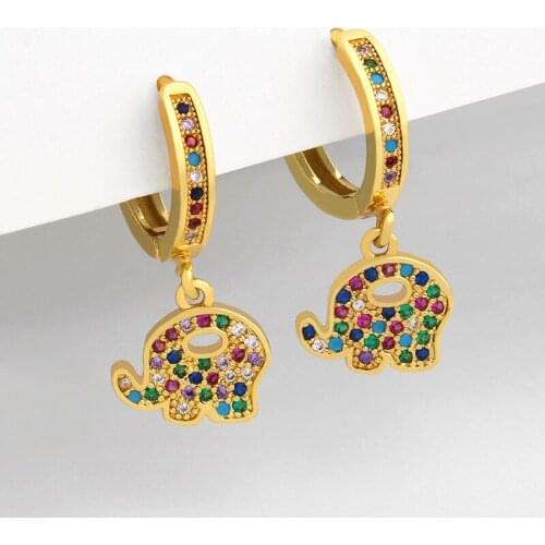 FLOLA Gold Filled Elephant Earrings For Women Rainbow Statement Earrings Dangle Copper CZ Stone Multicolor Jewelry Gifts ersu78