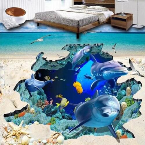 Custom 3D Photo Floor Wallpaper Kitchen Ground Ocean World Animals Dolphin Wall Mural Wall Paper PVC Self-adhesive Wall Stickers
