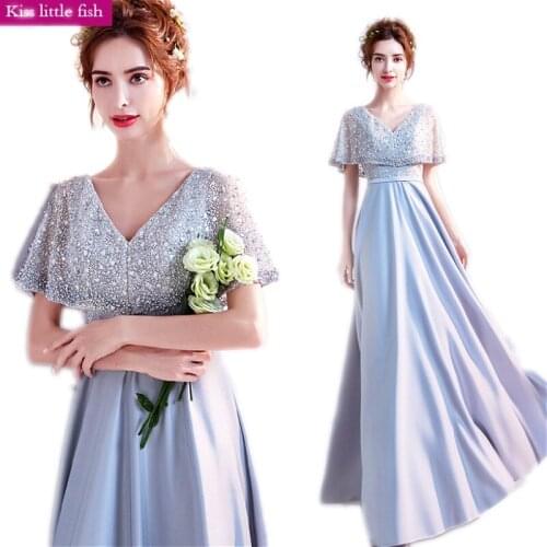9170 Free shipping V-Neck Light grey Long prom dresses Robe de mariee Vestido de festa longo