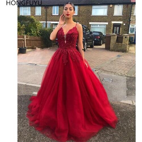 HONGFUYU Red Ball Gown Prom Dresses suknie wieczorowe Beaaded Lace Appliques Evening Party Gowns robes de soirée with Sequins