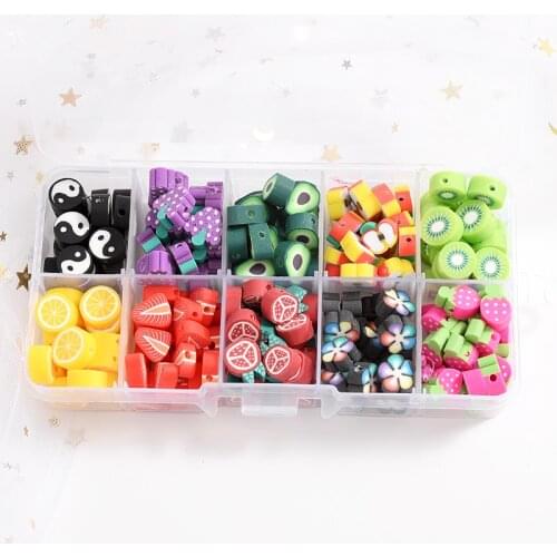 Approx 200Pcs/Box 10 Grid Fruit Shape Polymer Clay Spacer Beads For Jewelry Making Girls Diy Bracelet Loose Round Candy Beads