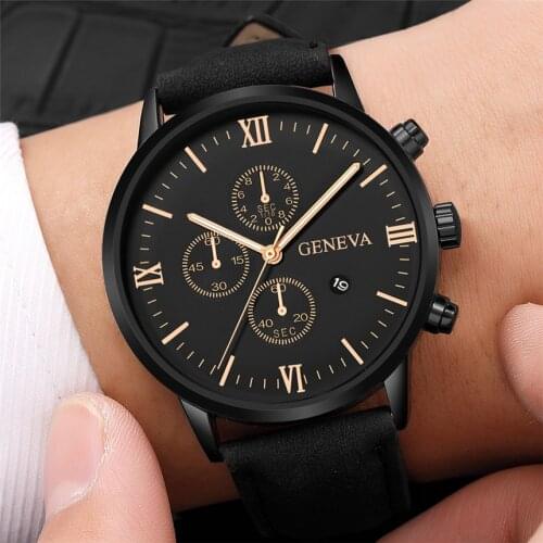GENEVA brand minimalist mens sports watch, automatic date calendar stainless steel case leather military watch 2020 mens watch