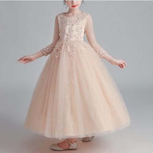 Flower Girl Dresses For Weddings Champagne Autumn Full Sleeves Girls Party Dress Kids Lace Elegant Long Communion Dresses
