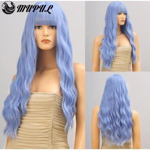Long Blue Cosplay Wave Natural Synthetic Wigs With Bangs For White Women Heat Resistant Thick Hair Fiber Womens Daily Female Wi