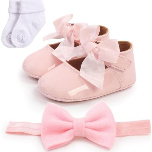 3 Pcs Ins Suit Autumn Baby Girl Cute Crib Shoes Baby Girl Bowknot Toddler Shoes + 1 Headband + 1 Socks Walking Shoes 0-18M
