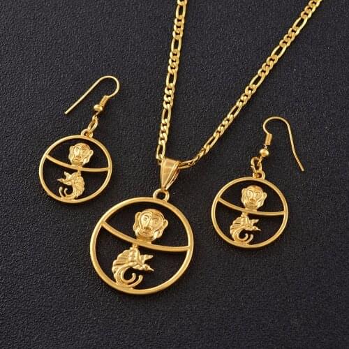 Anniyo Papua New Guinea Mask and Bird Jewelry set Gold Color Pendant Necklace Earrings PNG Jewellery Gifts for Womens #141306