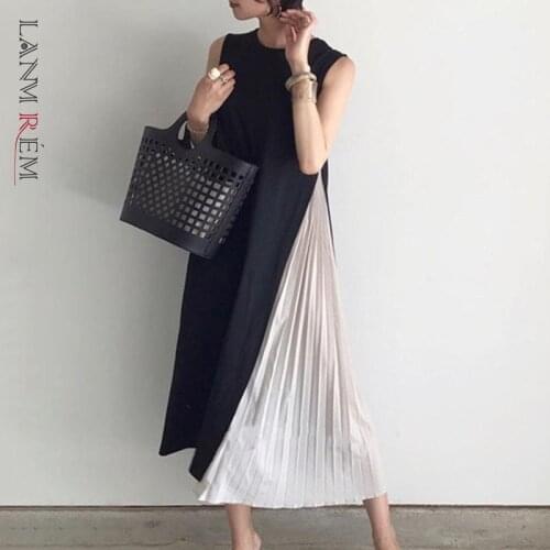 LANMREM New Women Dress Round Neck Sleeveless Stitching Pleated Temperament Loose Fit Fashion Tide Summer 2021 2P1115