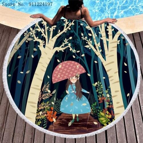 Forest Girl Illustration Poster Beach Towel Microfiber Round Beach Towel Cartoon Wall Tapestry Bath Towel Shawl Mat 150*150cm