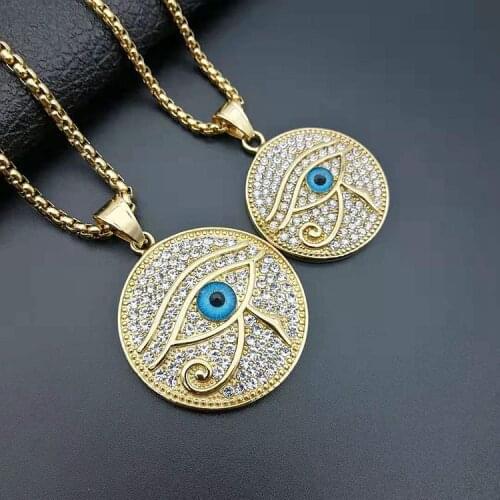 Gold Silver Color Mens Necklace Rhinestone Pendant Eye of Horus Ancient Egypt Necklaces Stainless Steel for Men Jewelry