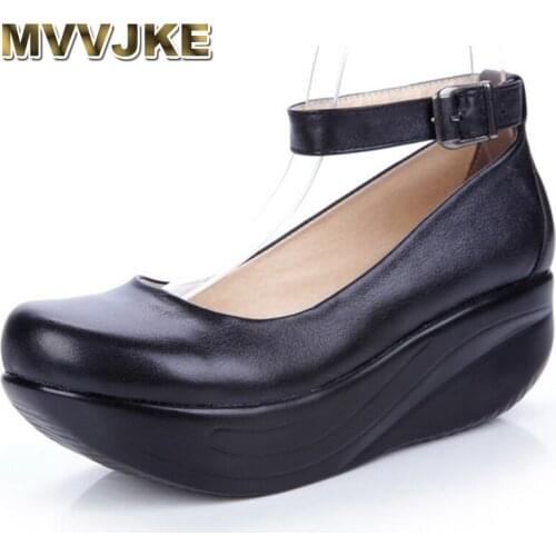 MVVJKE New Womens Genuine Leather Platform Shoes Wedges Black Lady Casual Shoes Swing High Heels shoe Plus Size 34-43E156