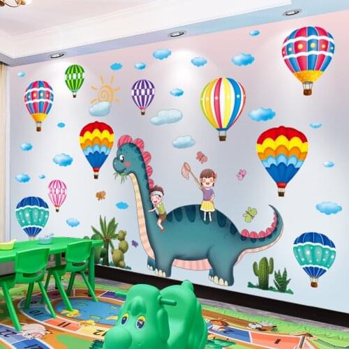 [shijuekongjian] Dinosaurs Animals Wall Stickers DIY Hot Air Balloon Mural Decals for Kids Room Baby Bedroom House Decoration