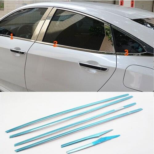Stainless Steel 6PCS Bottom Window Frame Trim For Honda Civic 10th Gen 4DR 2016 17
