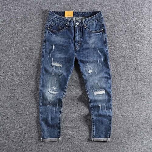 2020 new arrival blue patch Capris cat must high quality straight tube mens jeans trendy tapered pants 0320