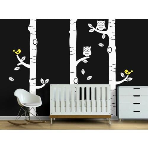 Huge Birch Trees with Owls and Birds Wall Decal Baby Nursery Bedroom Wall Art Poster Home Decor Forest Wallpaper 100inch A161