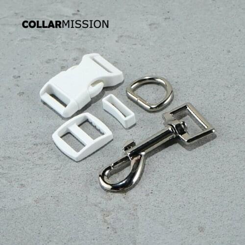 Plastic buckle+Tri-Glid+square keeper+D ring+metal dog clasp/set)Good quality white 20mm DIY dog collar accessories