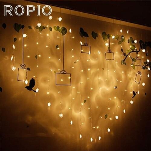 ROPIO 1.8x1.5m Heart Shape Holiday Lighting 128 LEDs Curtain Fairy String Light Christmas Wedding Garden Party Decoration 220V